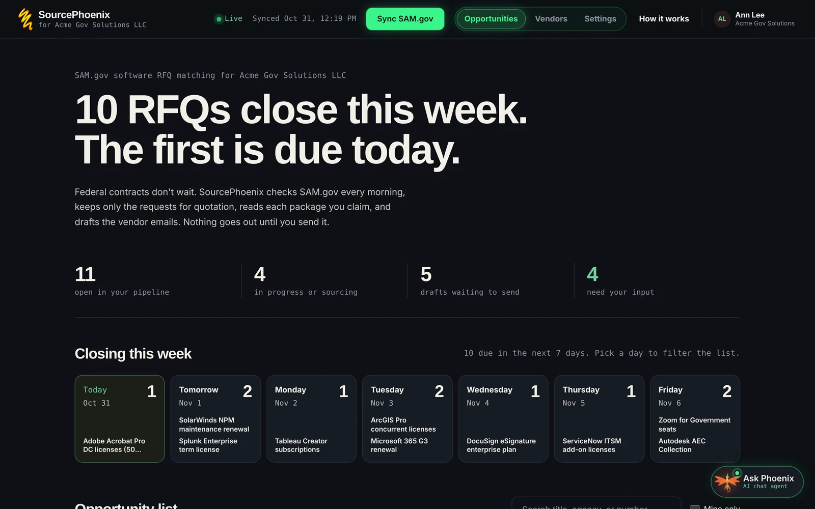 The SourcePhoenix board: RFQs closing this week, with counts for open, in progress, drafts waiting and needs your input.